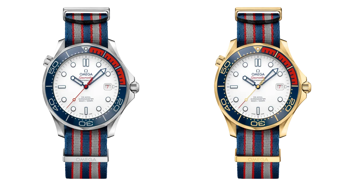 Omega Commander’s Watch acél és sárgaarany kivitelben, fehér számlappal és csíkos NATO-szíjjal, eredeti kivágott fotókon