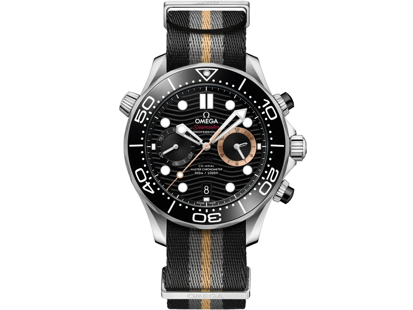 Omega Seamaster Diver 300M Chronograph 007 First Light, 210.32.44.51.01.002, fekete és bronzarany részletekkel, NATO-szíjon