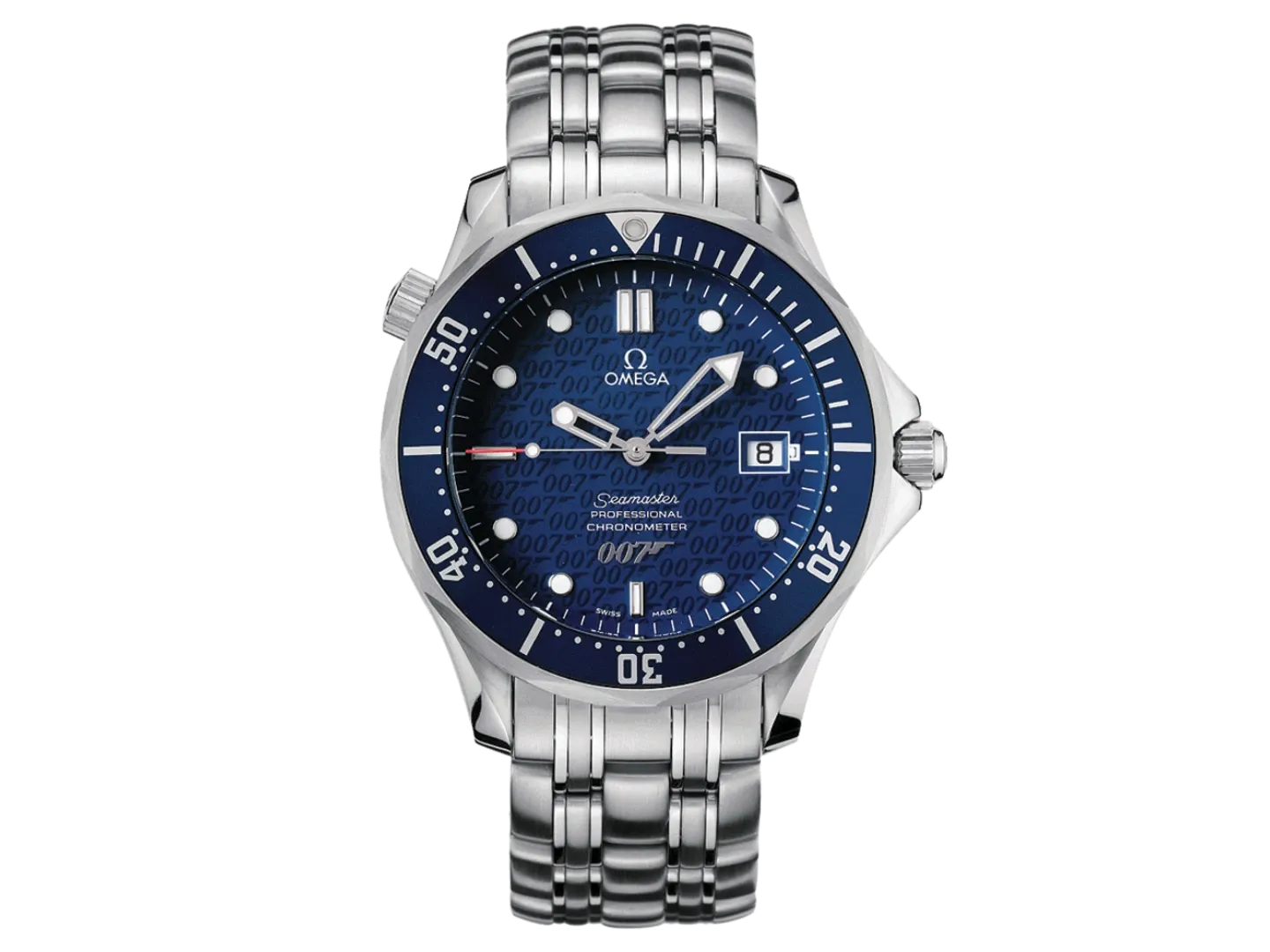 Omega Seamaster 40th Anniversary 2537.80.00, kék 007-mintás számlappal és acélcsattal, eredeti kivágott termékfotón