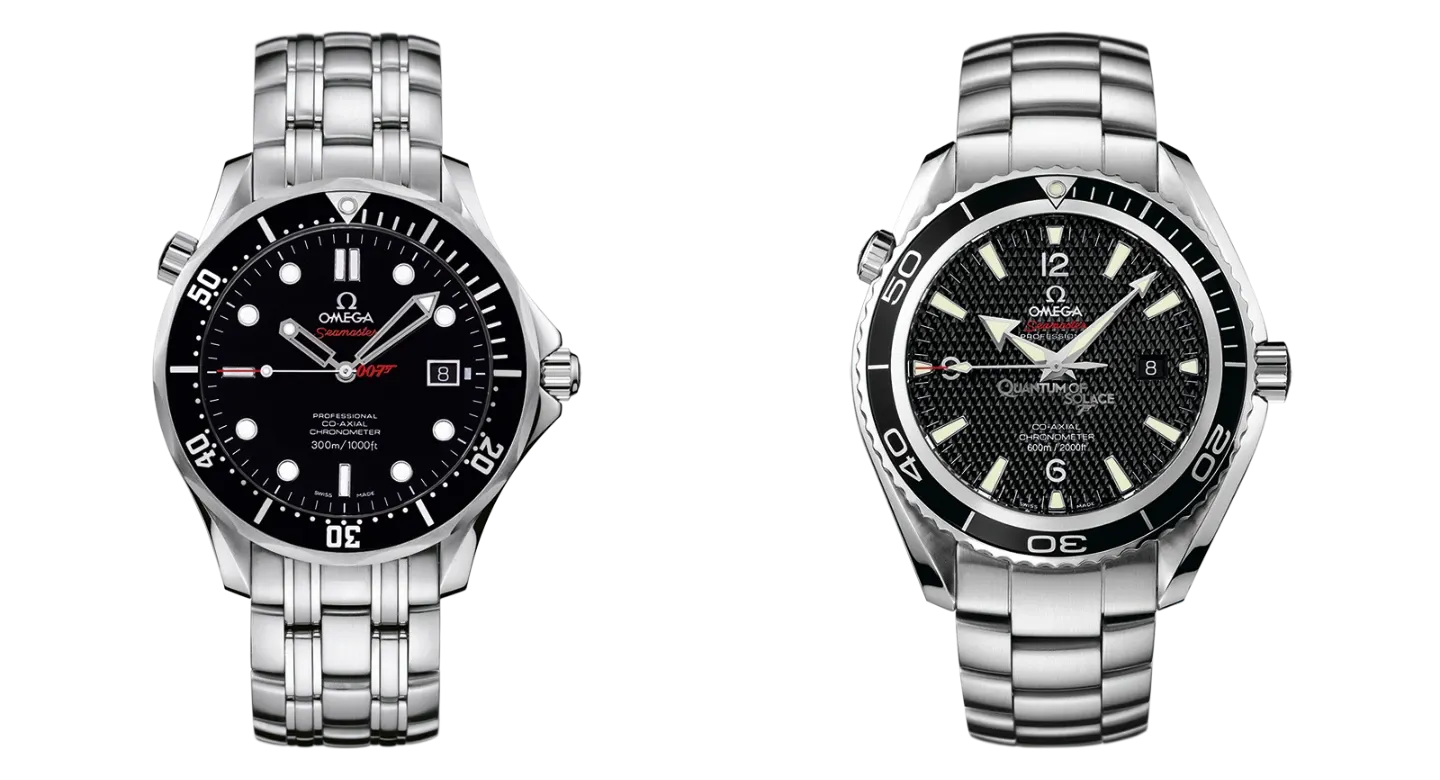 Fekete Omega Collector’s Piece és Quantum of Solace Planet Ocean, két eltérő 2008-as Bond-különkiadás eredeti termékfotója