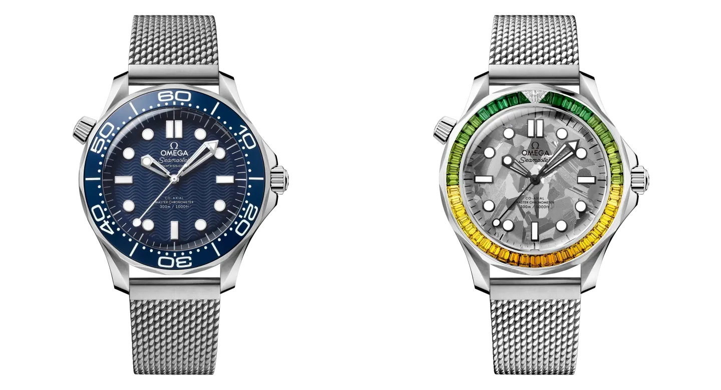 A 2022-es James Bond 60th Anniversary Omega acél és Canopus Gold változata, utóbbin zöld-sárga köves lünettával