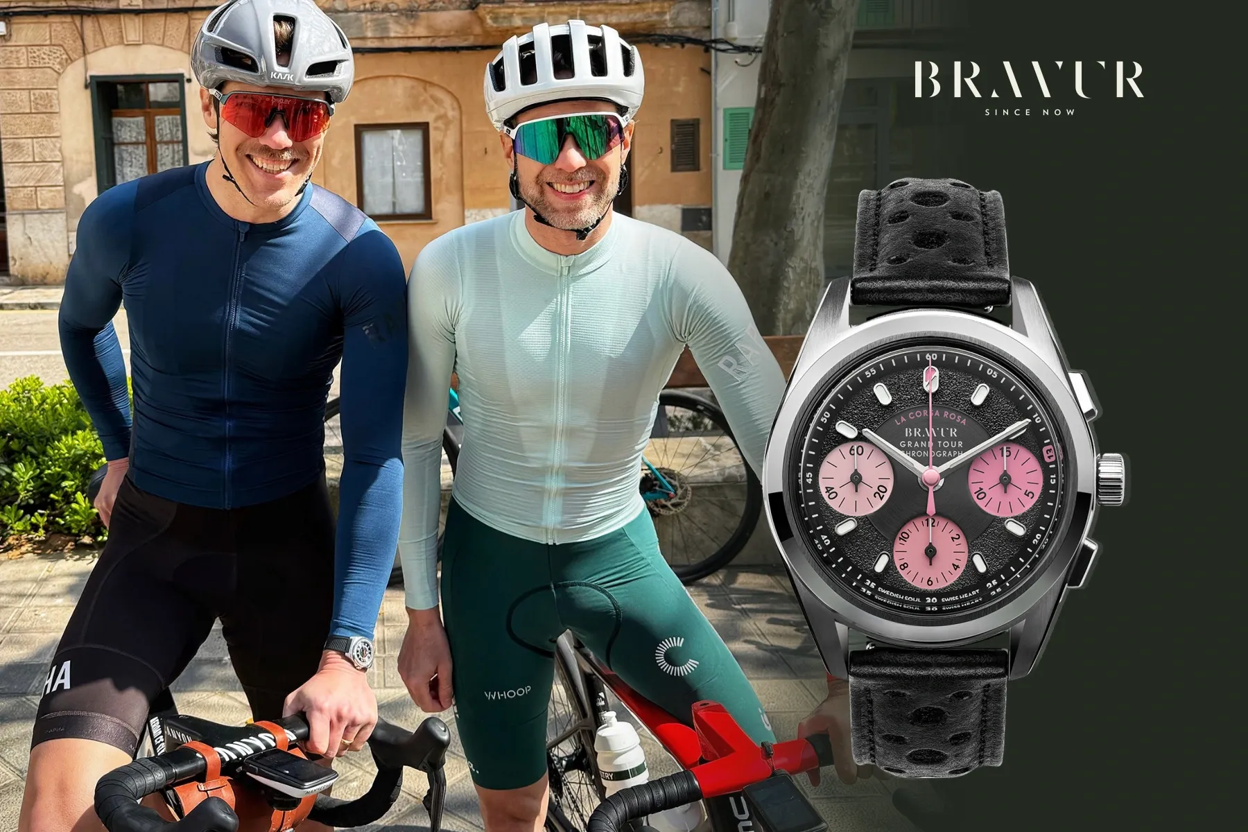 Johan és Magnus kerékpáros fotójára finoman ráfedő Grand Tour IV óra, sötét tónusátmenettel és Bravur-logóval