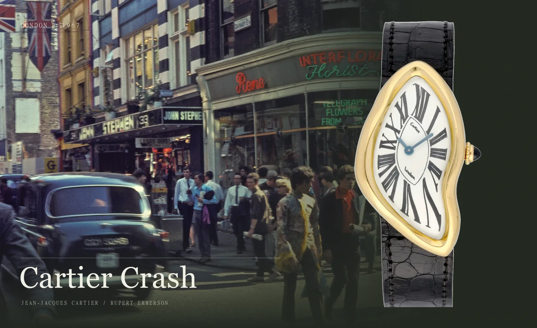 Carnaby Street 1968-as utcaképe és egy 1970-ben készült Cartier London Crash eredeti óraképe szerkesztői montázsban.