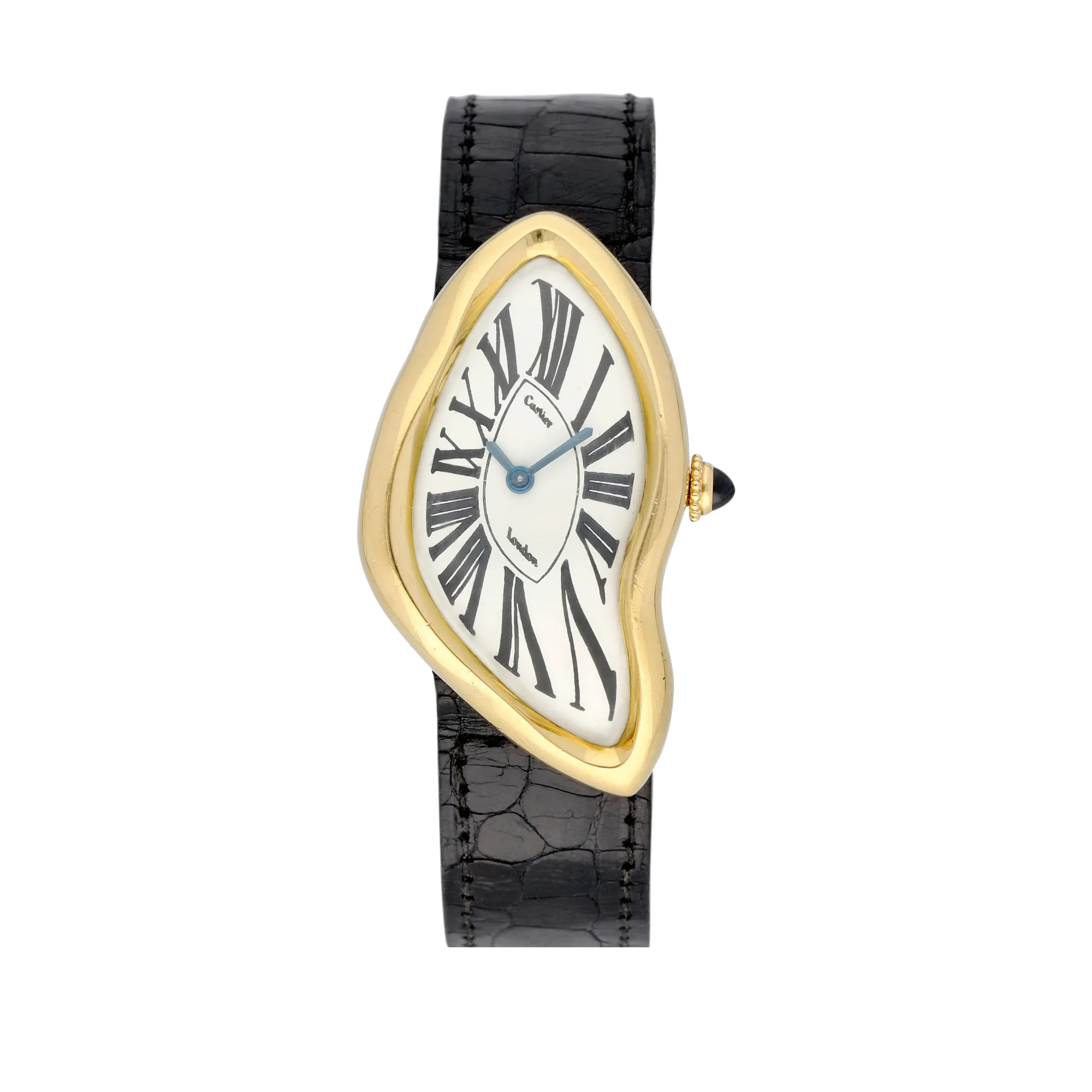 Cartier London Crash, 1970, sárgaarany tok, kézzel festett római számok, fekete bőrszíj, valóban átlátszó háttérrel.
