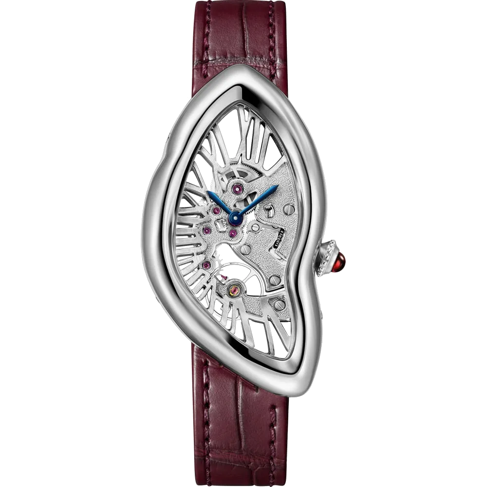A 2026-os Cartier Crash Skeleton WHCH0012 platinatokkal, bordó szíjjal, rubin koronakővel és 1967 MC áttört szerkezettel, átlátszó háttér előtt.