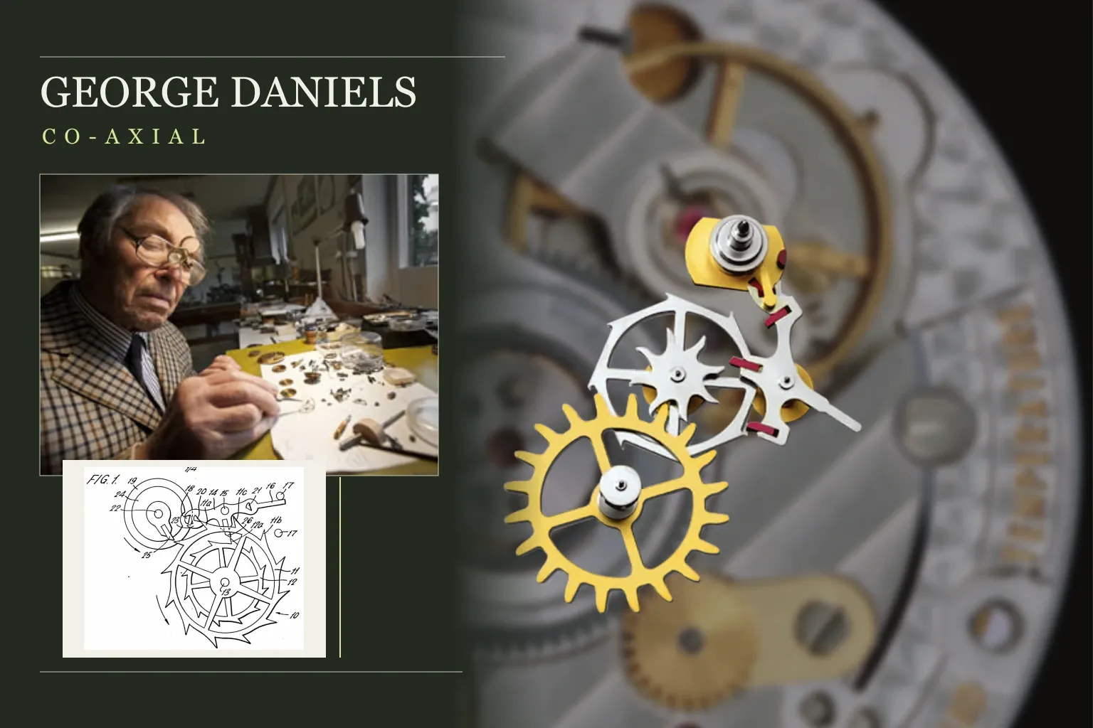 George Daniels a műhelyében, az eredeti Co-Axial szabadalmi rajz és az Omega 2500 gátlóművének gyári szemléltetése.
