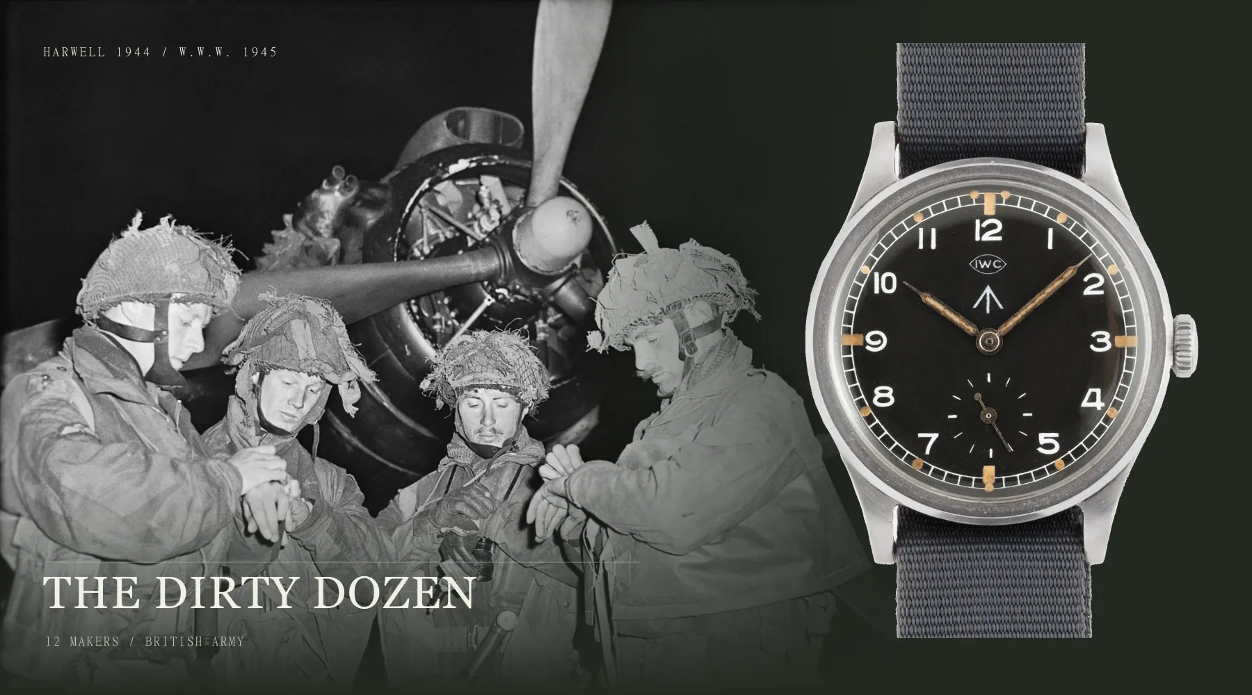 Harwellben órát egyeztető brit ejtőernyősök 1944-es archív fotója és egy 1945-ös IWC W.W.W. óra, külön jelölt évszámokkal