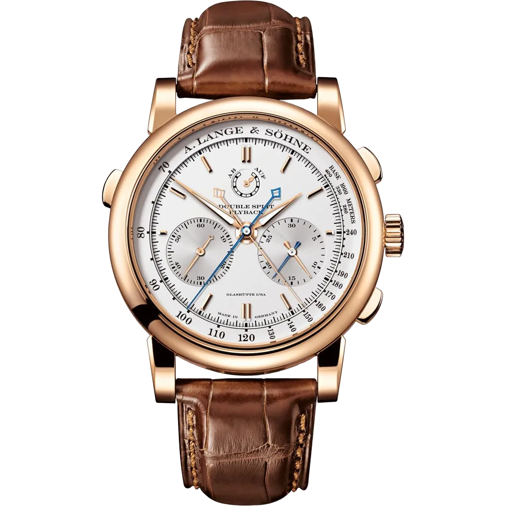 A. Lange & Söhne Double Split 404.032, rózsaarany tokban, ezüstszínű számlappal és két mutatós percszámlálóval, átlátszó háttéren.