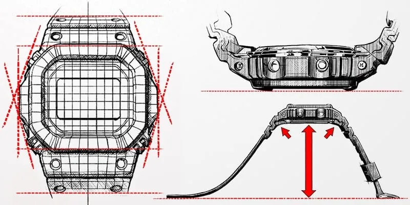 A G-Shock minden irányú külső védelmének rajza
