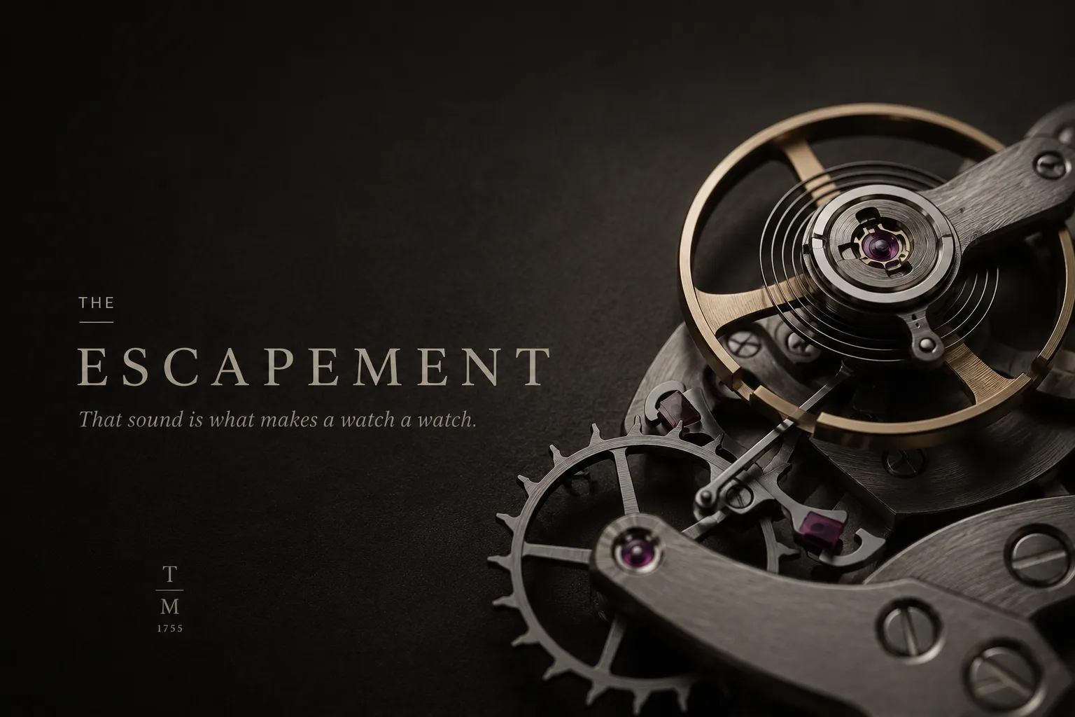 A mechanical watch balance, pallet fork and escape wheel against a dark background, with an English title