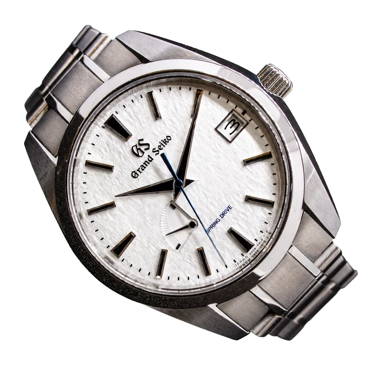 A Grand Seiko Snowflake fehér, hótextúrás számlappal, titán karkötőn