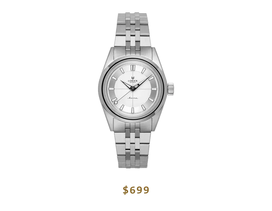 Lorier Astra dress watch with a silver pie-pan dial on a steel bracelet