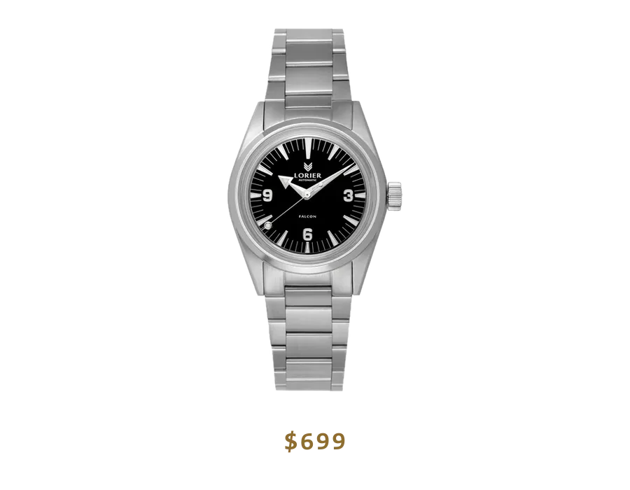 Lorier Falcon field watch with a 3-6-9 dial on a steel bracelet