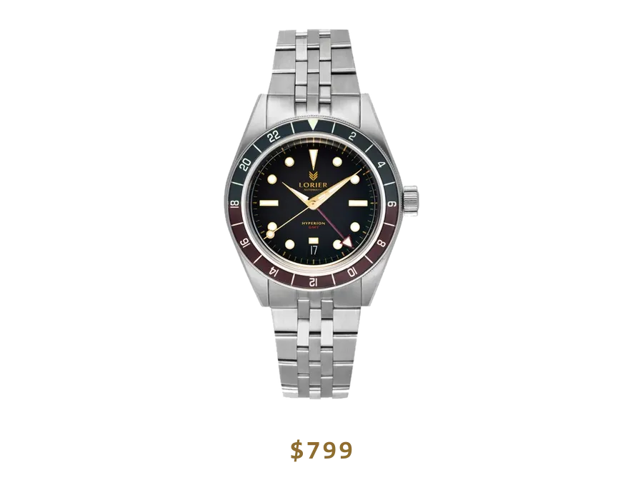 Lorier Hyperion GMT watch with a two-tone bezel on a steel bracelet