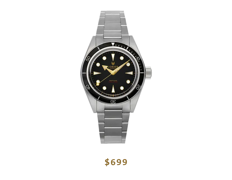 Lorier Neptune dive watch with a black dial on a steel bracelet