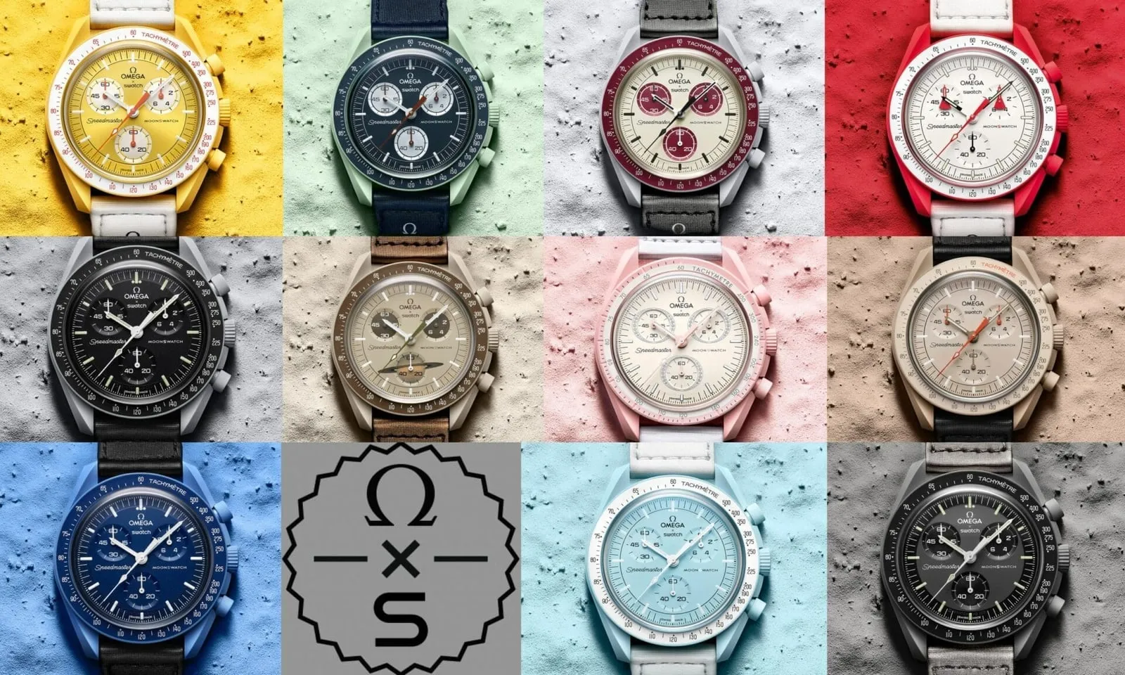 A tizenegy színes Bioceramic MoonSwatch rácsba rendezve