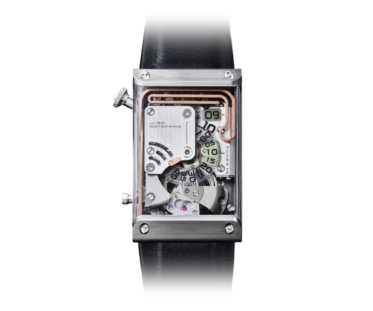 Otsuka Lotec No. 9, felül csőalakú gonggal, jobb oldalt időjelző tárcsákkal, alul tourbillonnal