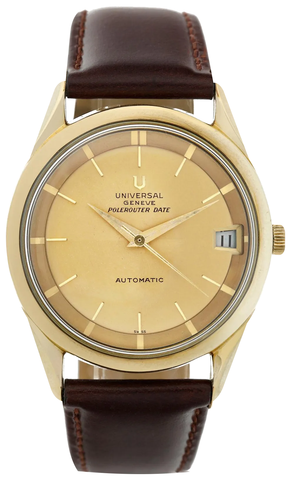 Universal Genève Polerouter Date 204605-7 aranyszínű számlappal, barna bőrszíjjal és 11-et mutató dátumablakkal, átlátszó háttéren.