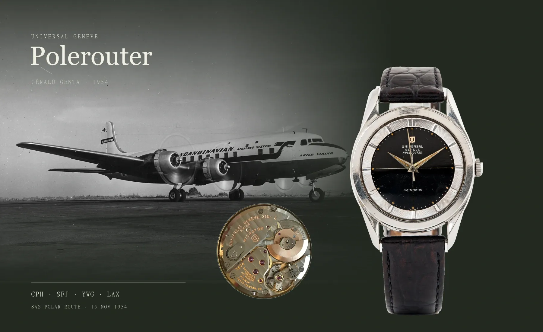 Korabeli SAS Douglas DC-6B, egy fekete számlapos Universal Genève Polerouter és mikrorotoros szerkezetrészlet szerkesztői kompozícióban.