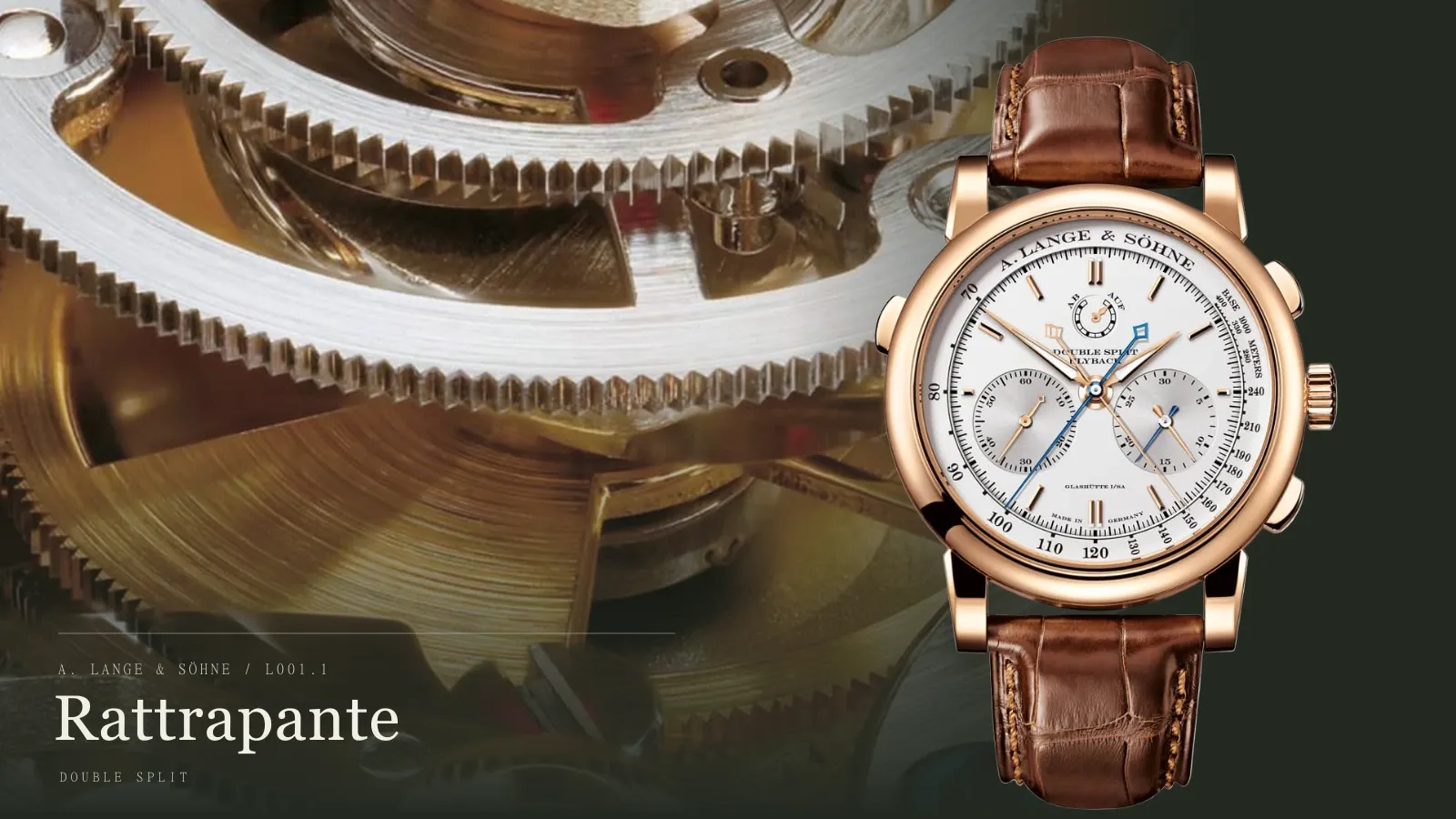 Az A. Lange & Söhne Double Split rózsaarany órája az L001.1 szerkezet kinagyított részletével, szerkesztői montázson.