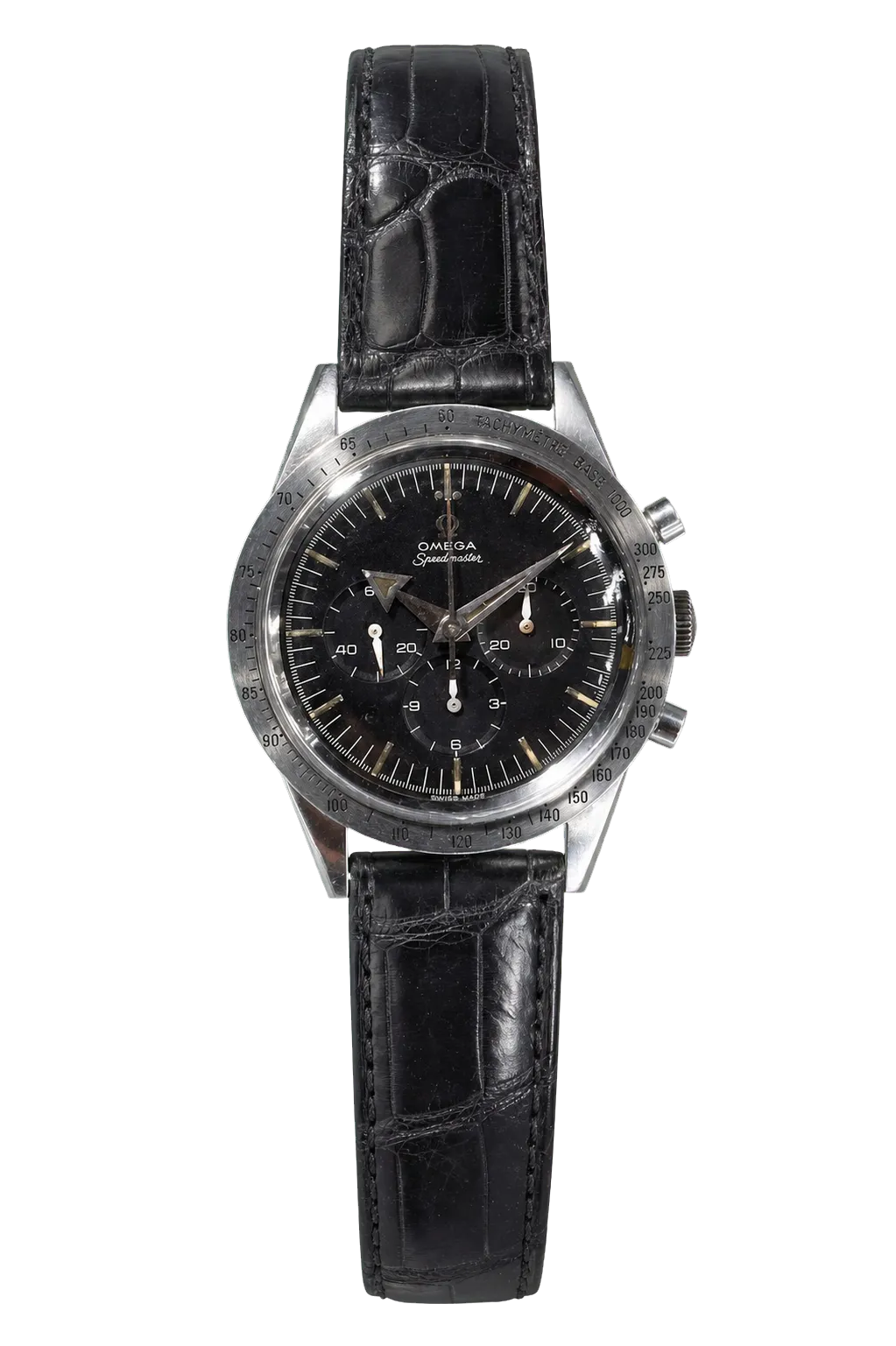 Korai Omega Speedmaster fekete számlappal és fekete bőrszíjjal, háttér nélkül