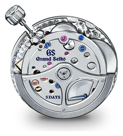 A Grand Seiko 9R Spring Drive kalibere, ezüst lapkával és kék csavarokkal