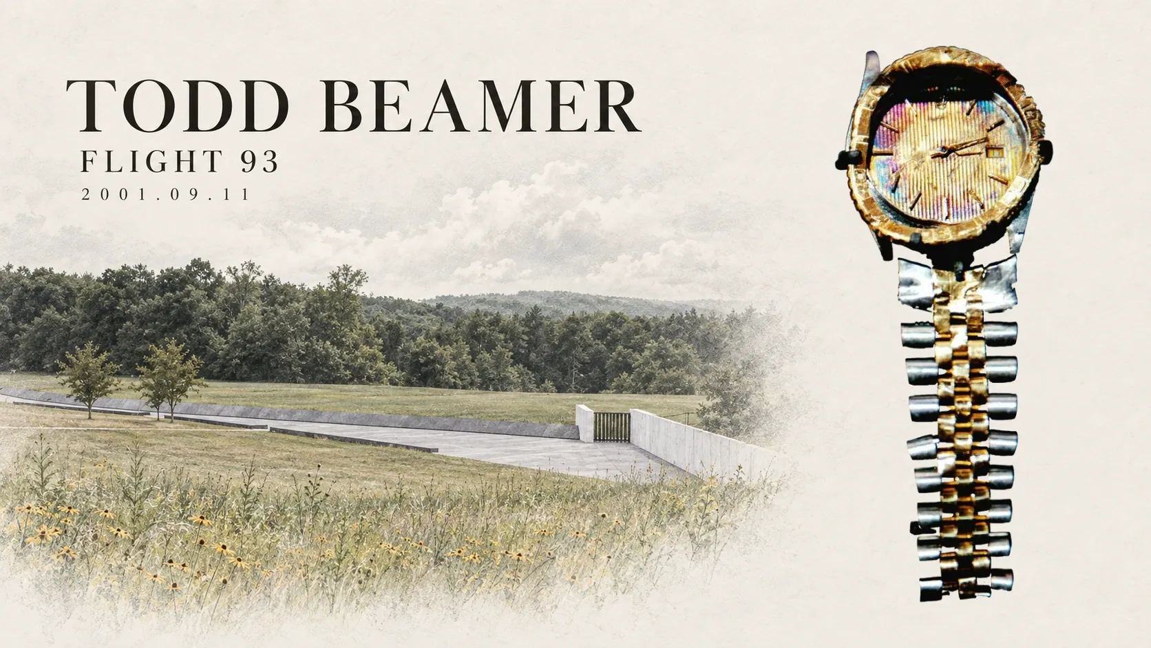 Todd Beamer saját, sérült Rolexének fotója és a Flight 93-emlékhely táját idéző AI-háttér, szerkesztői montázsban. Nem archív együttállás.