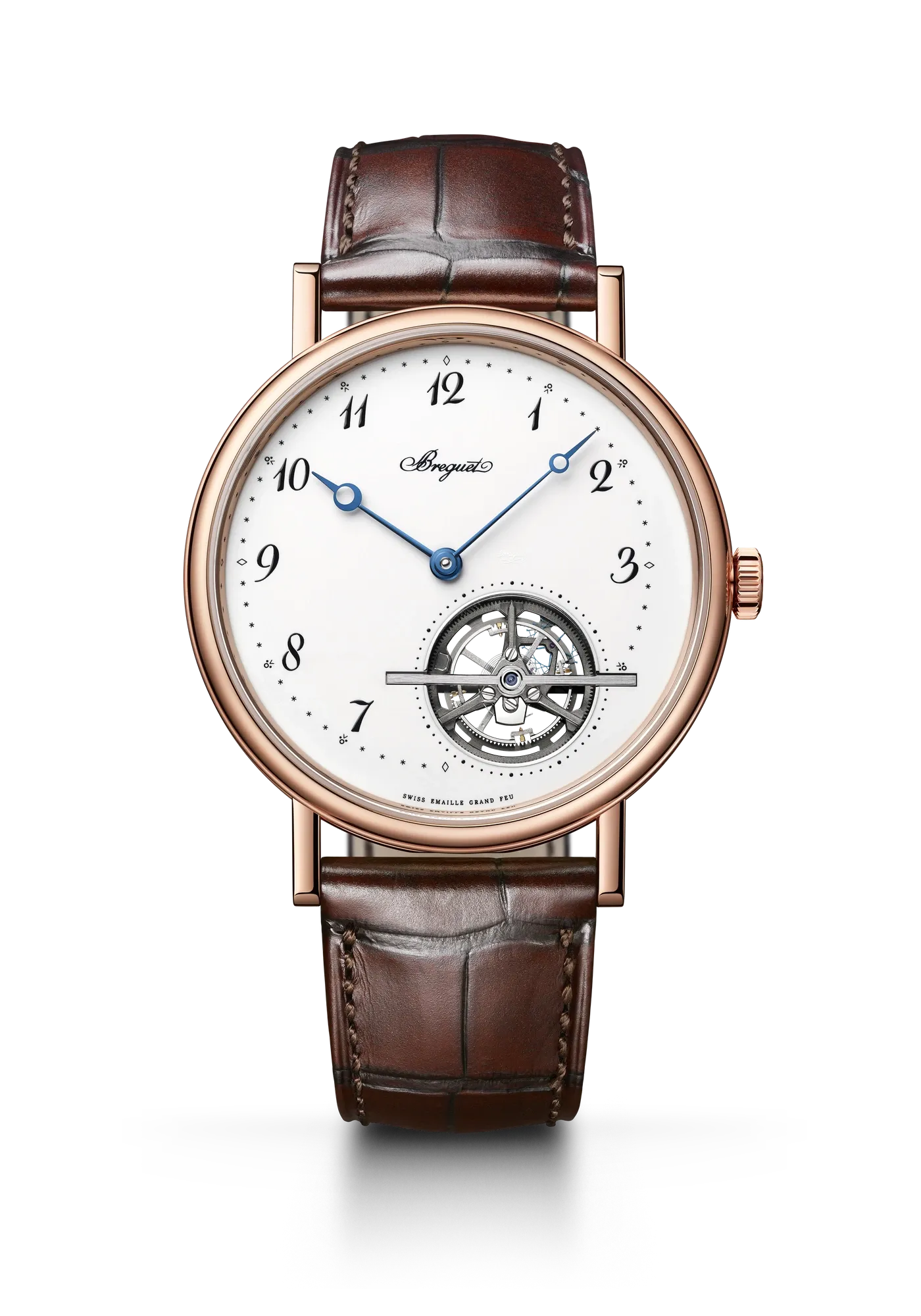 Breguet Classique Tourbillon Extra-Plat 5367BR/29/9WU rózsaarany tokban, fehér zománcszámlappal, barna szíjjal, eredeti átlátszó gyári háttéren.